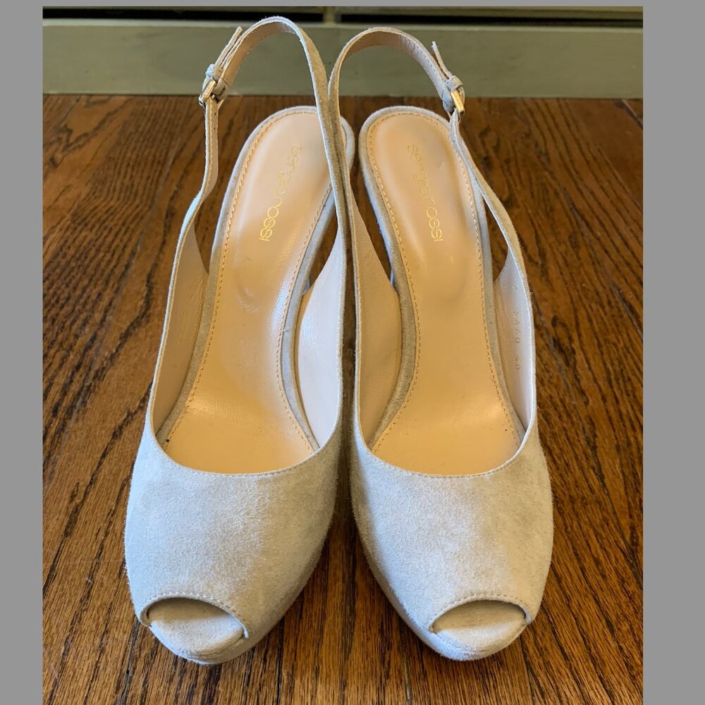 Sergio Rossi Cream Suede Platform Slingback - Size 9